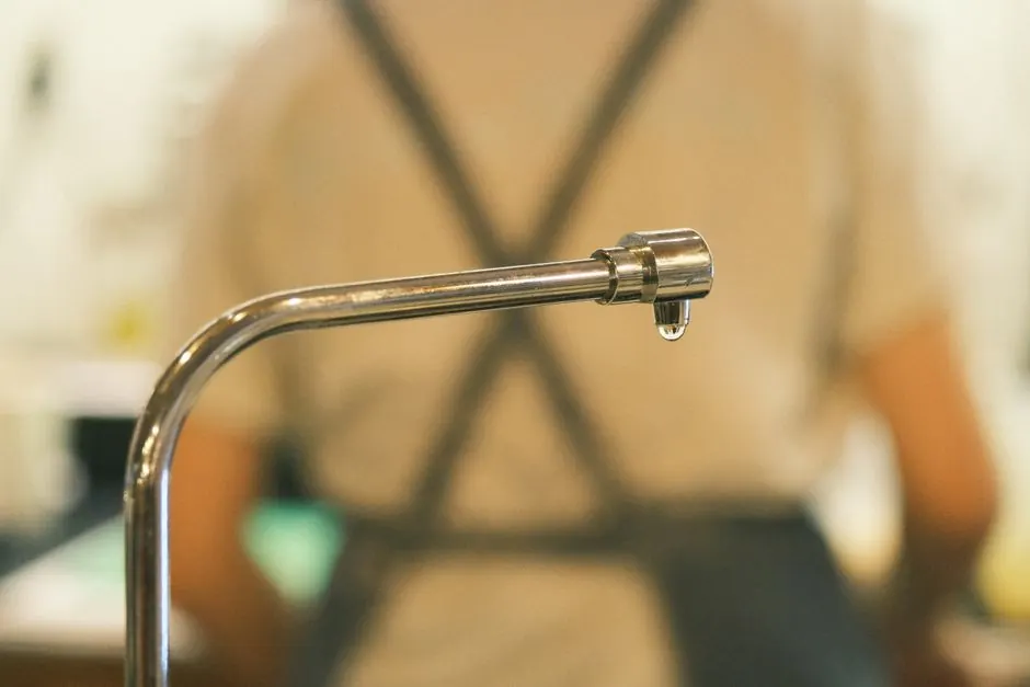 Kitchen faucet with a bent spout and a person standing behind it