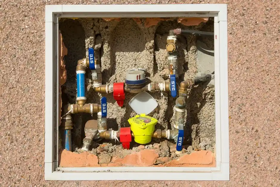 Water meter and shutoff valves set into a wall box