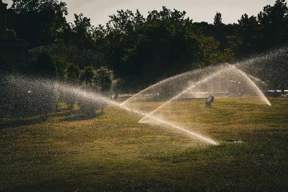 Lawn sprinklers watering a green park